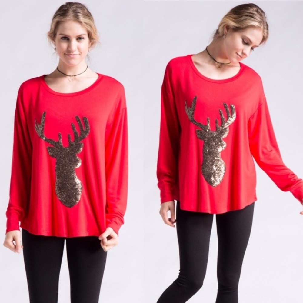Red Terry Long Sleeve with Sequin Reindeer